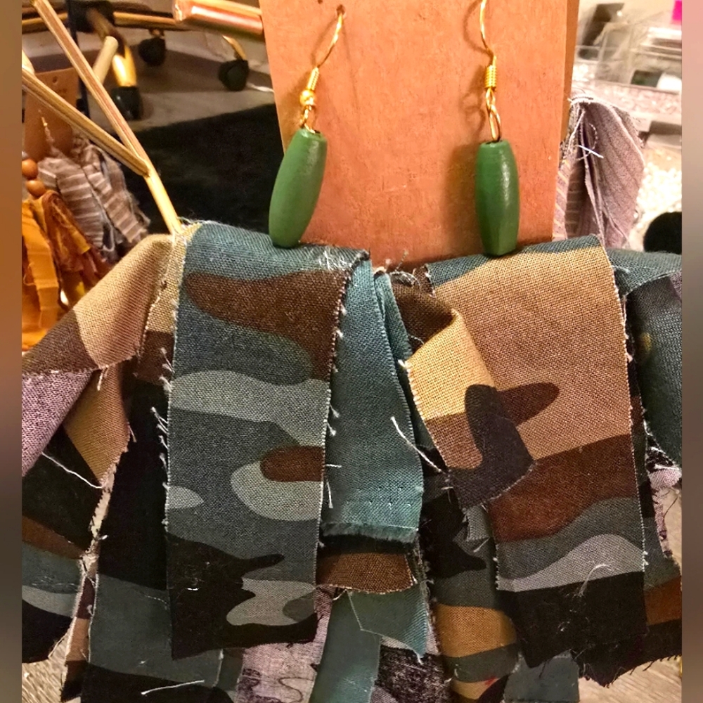 Camouflage Fringe Earrings with Green Beads